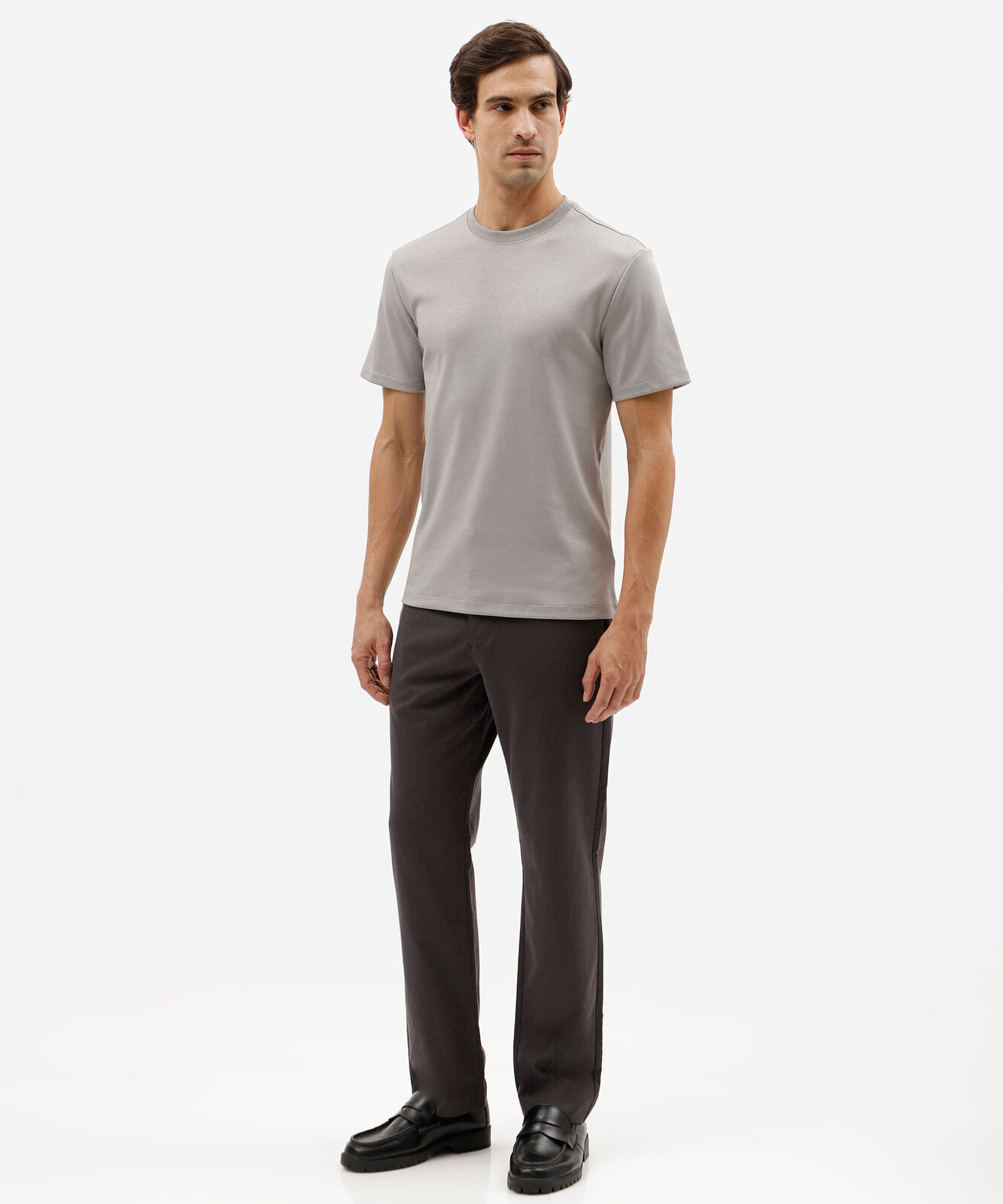 camiseta básica masculina slim de malha interlock cinza