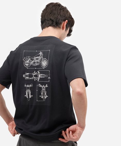 camiseta masculina comfort de malha suedine com estampa de moto preta