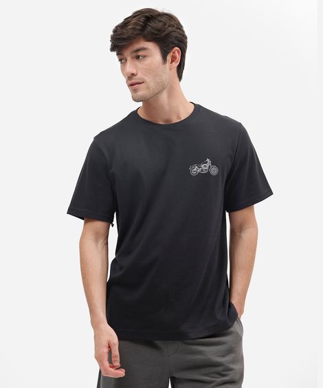 camiseta masculina comfort de malha suedine com estampa de moto preta