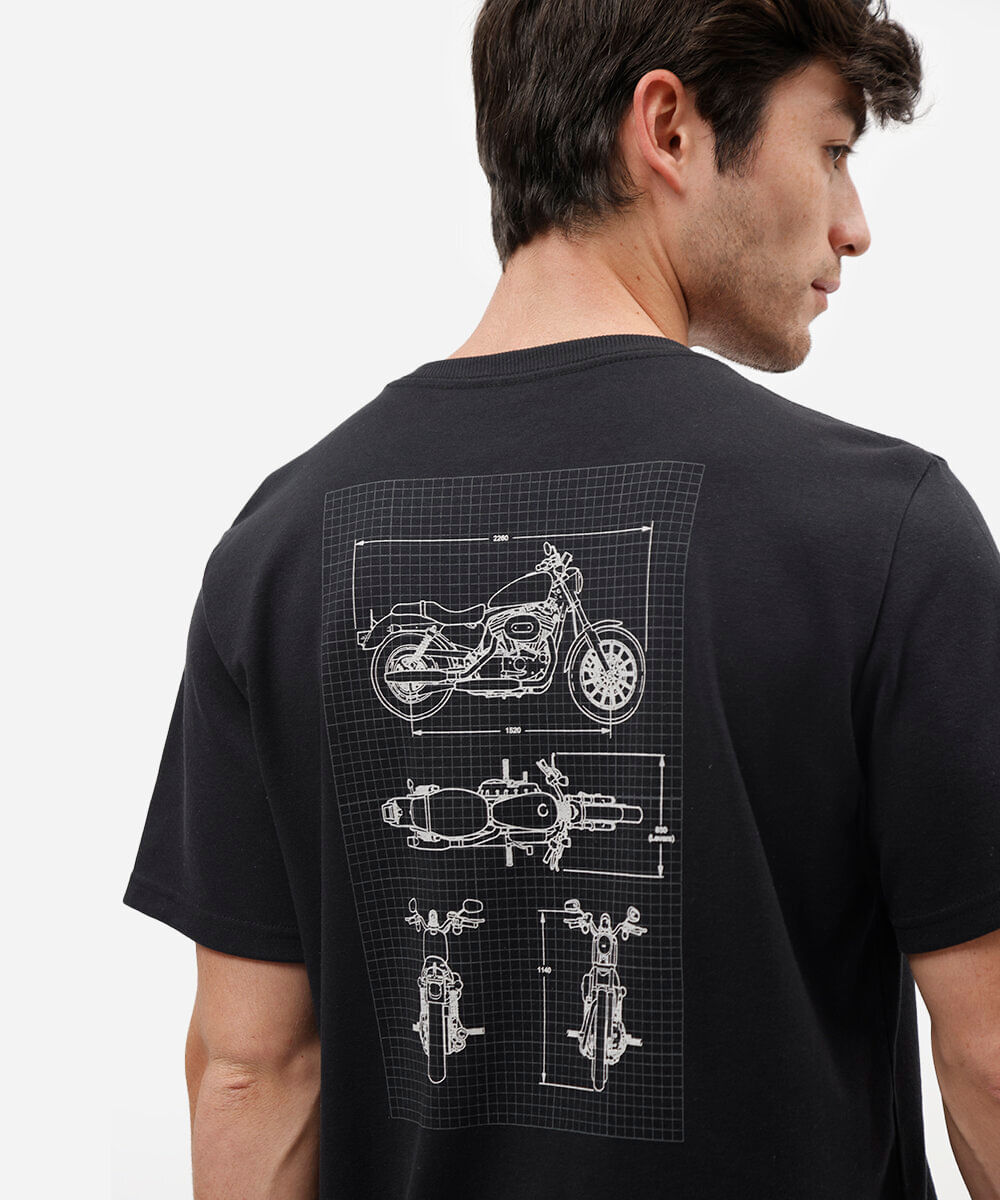 camiseta masculina comfort de malha suedine com estampa de moto preta