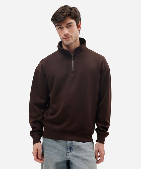 moletom masculino relaxed com gola esporte e zíper frontal marrom