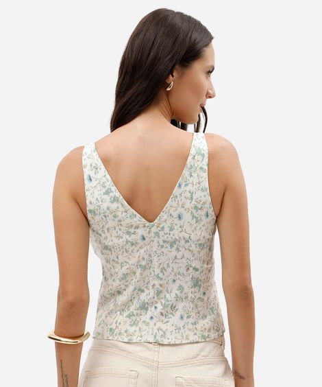 top feminino estilo corset com decote v e estampa floral off white