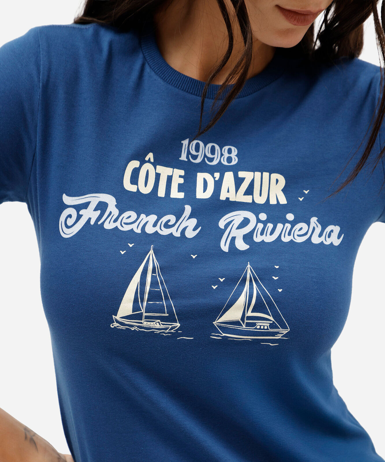 camiseta feminina de algodão manga curta estampada azul
