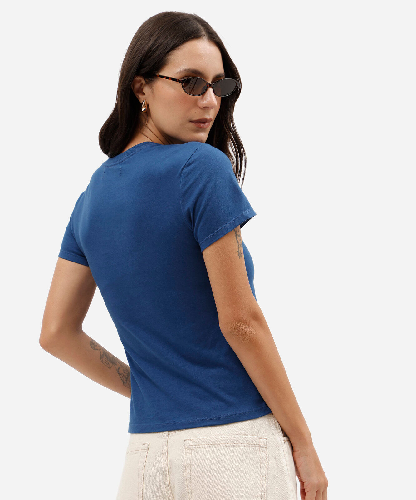 camiseta feminina de algodão manga curta estampada azul