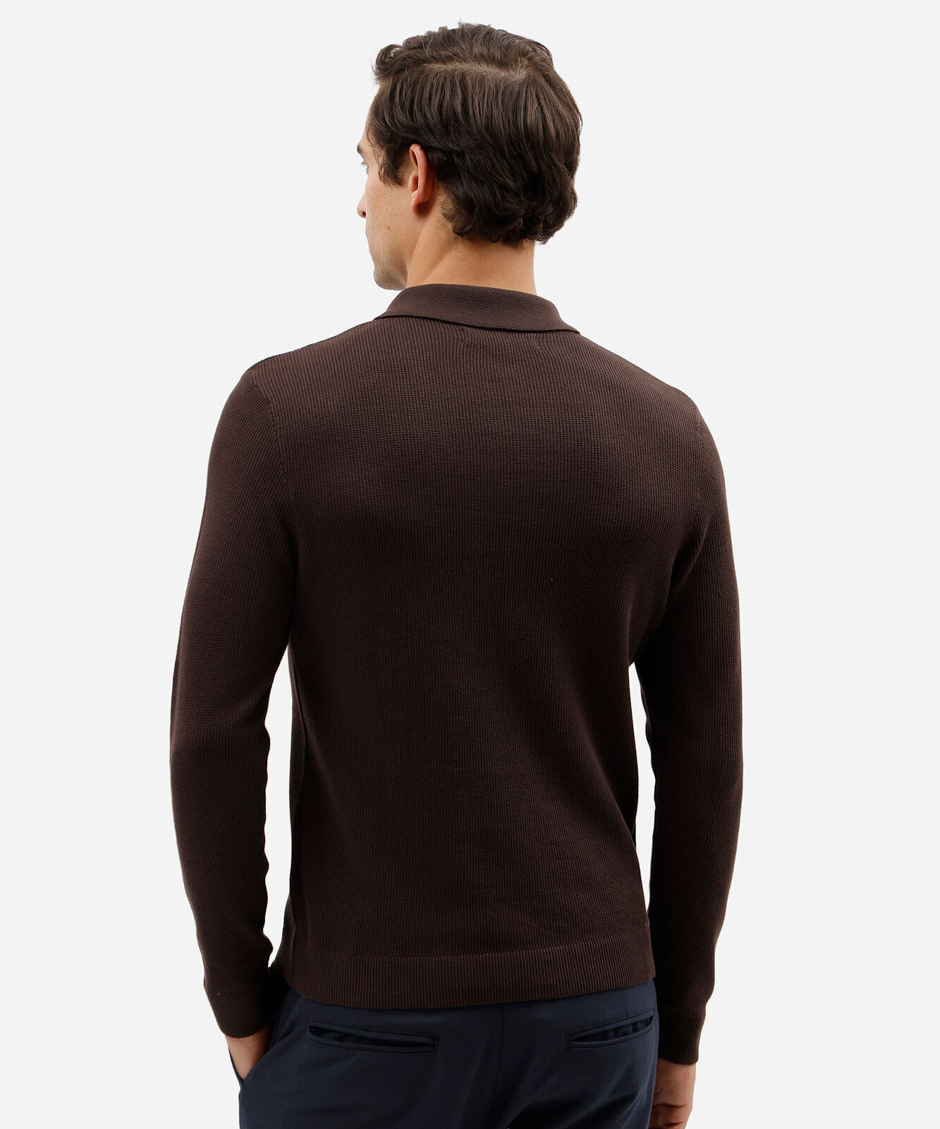 camisa polo masculina de tricô slim texturizada manga longa marrom