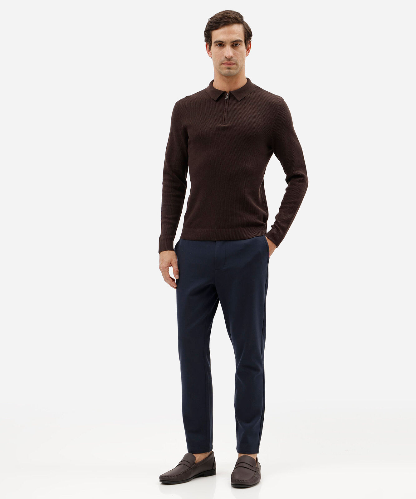 camisa polo masculina de tricô slim texturizada manga longa marrom