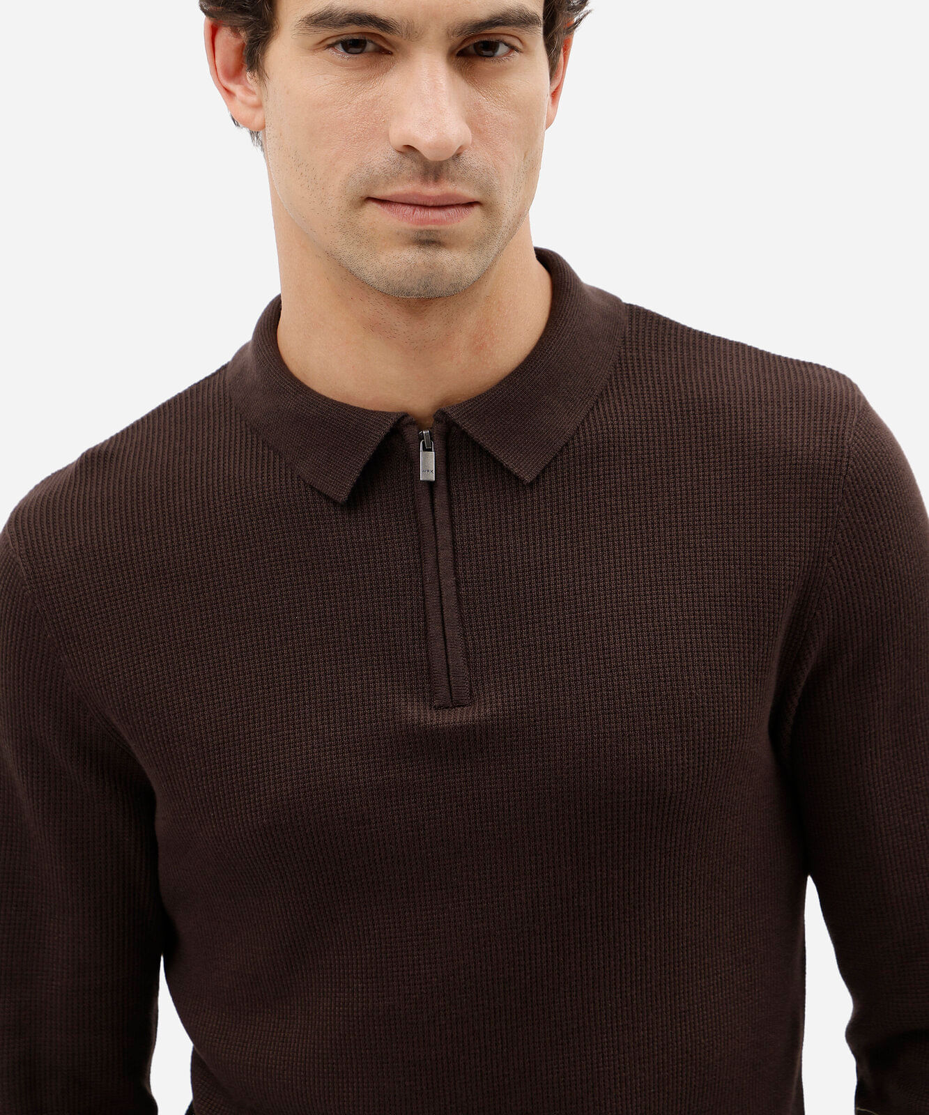 camisa polo masculina de tricô slim texturizada manga longa marrom