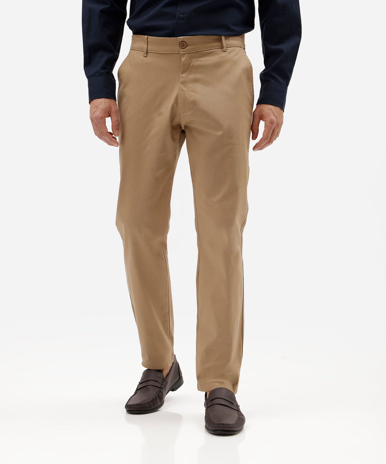 calça slim masculina de sarja bege