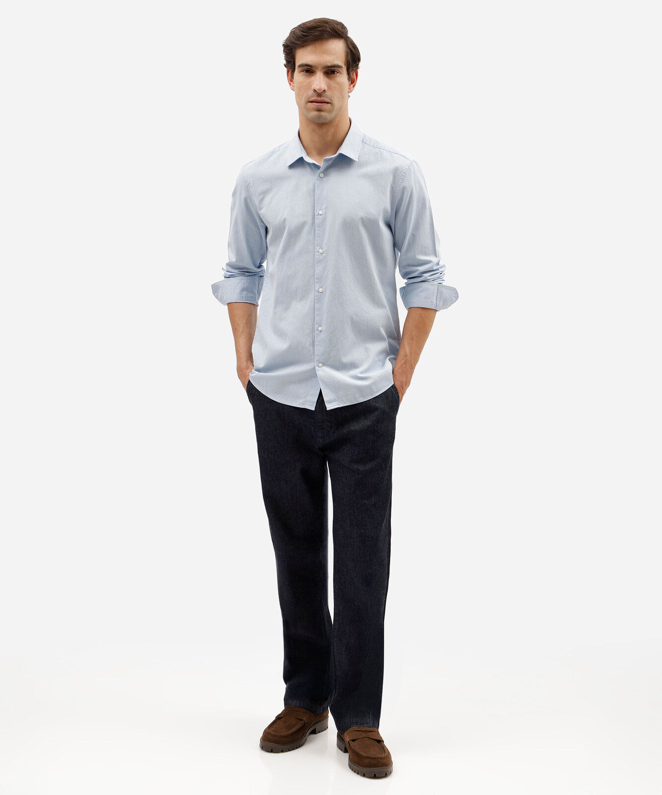 camisa social masculina comfort de algodão dobby azul