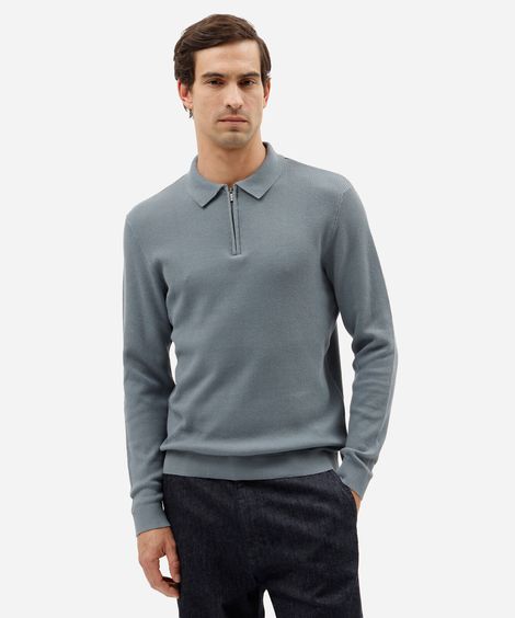 camisa polo masculina de tricô slim texturizada manga longa azul