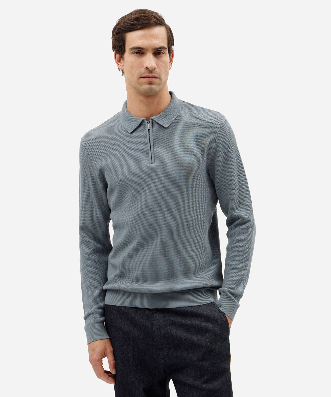 camisa polo masculina de tricô slim texturizada manga longa azul