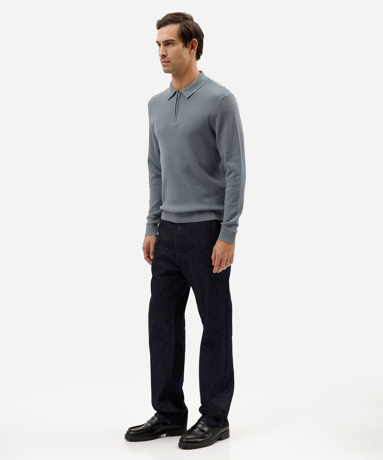 camisa polo masculina de tricô slim texturizada manga longa azul