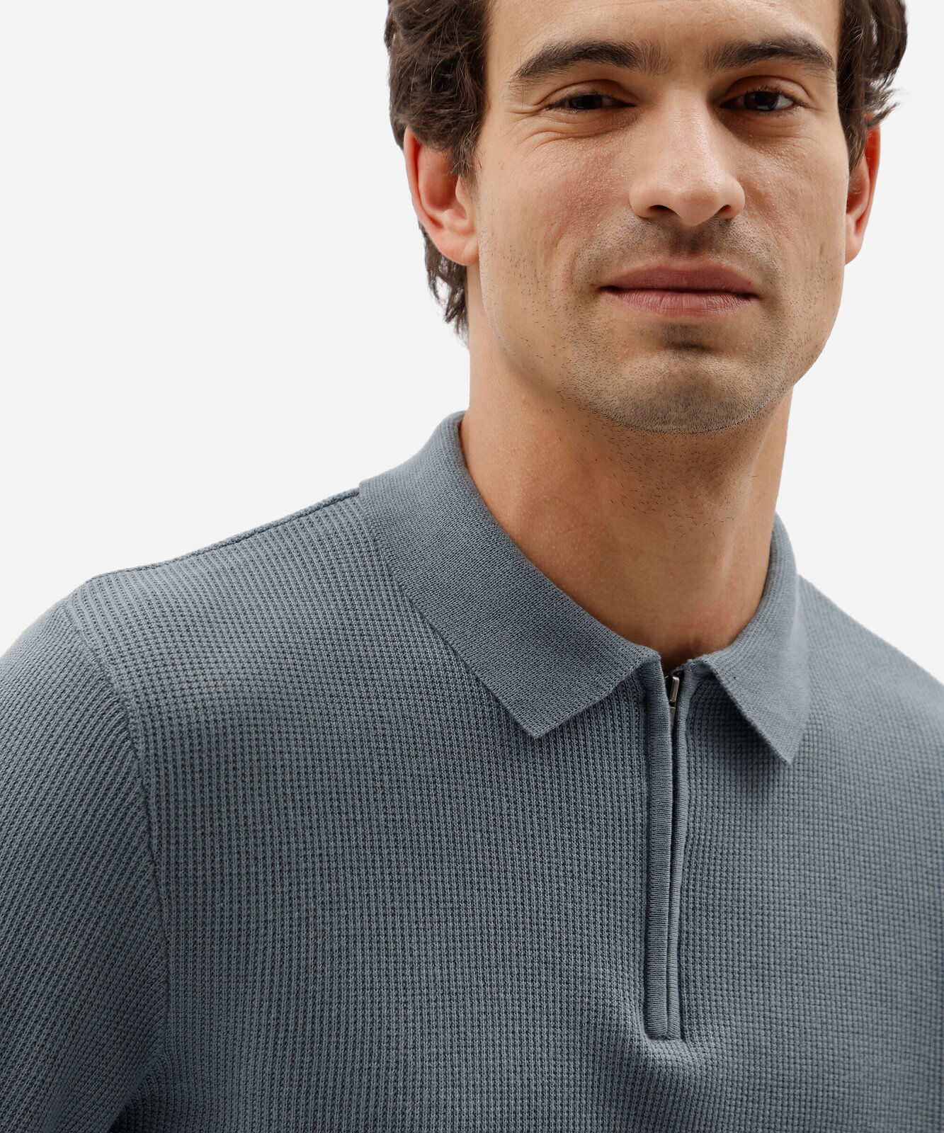 camisa polo masculina de tricô slim texturizada manga longa azul