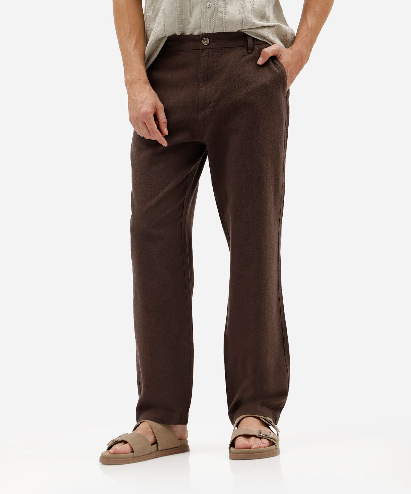 calça de alfaiataria masculina com linho marrom
