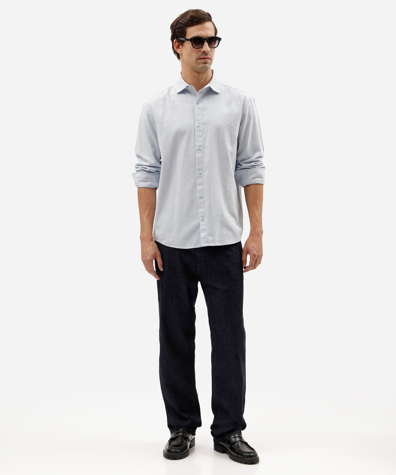camisa masculina comfort de algodão manga longa azul