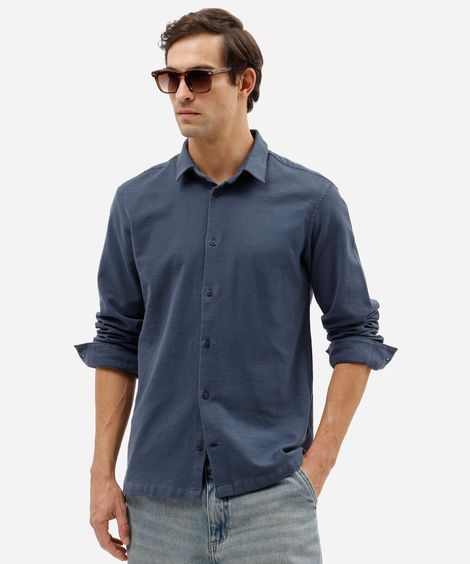 camisa masculina de algodão manga longa texturizada azul