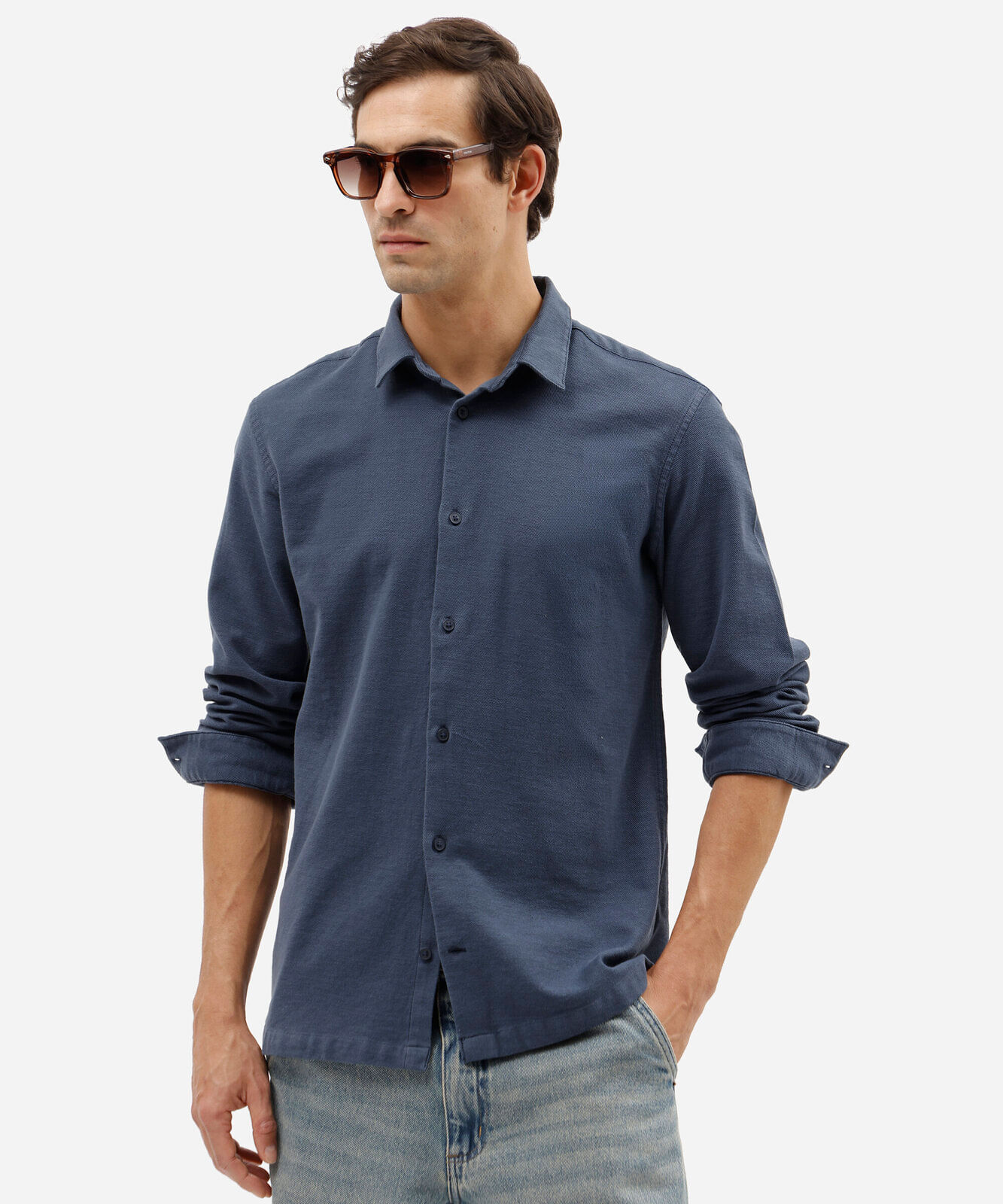 camisa masculina de algodão manga longa texturizada azul