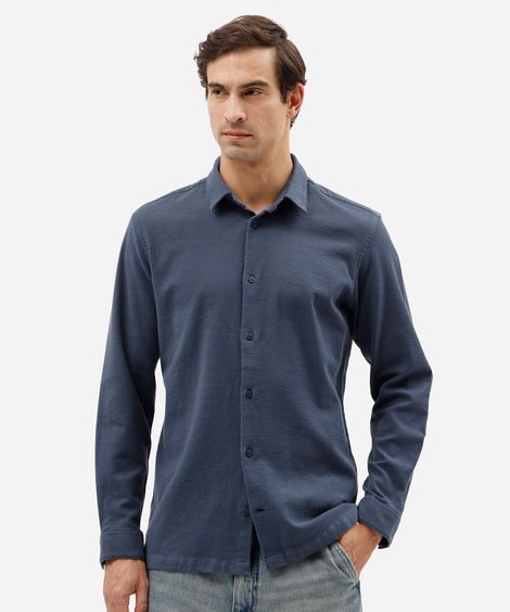 camisa masculina de algodão manga longa texturizada azul