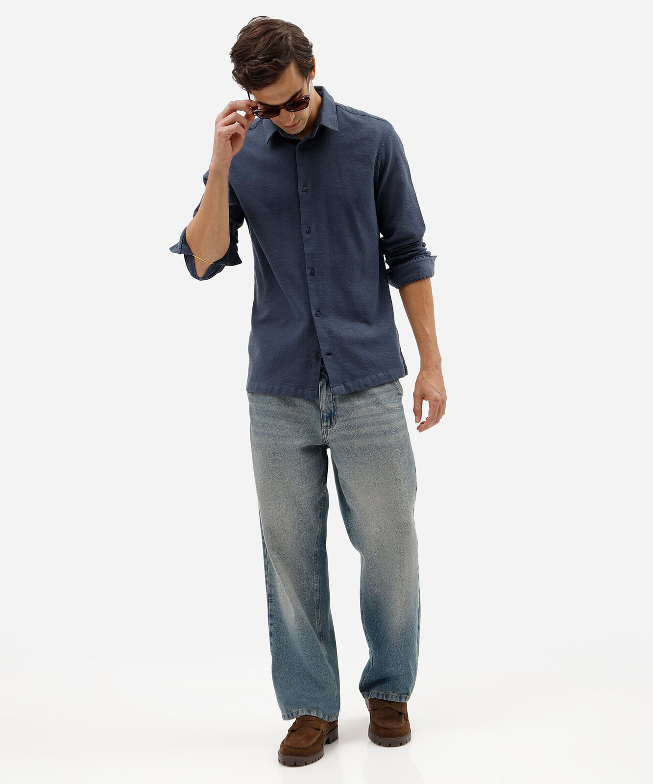 camisa masculina de algodão manga longa texturizada azul