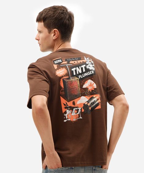 camiseta masculina de algodão manga curta estampada looney tunes marrom