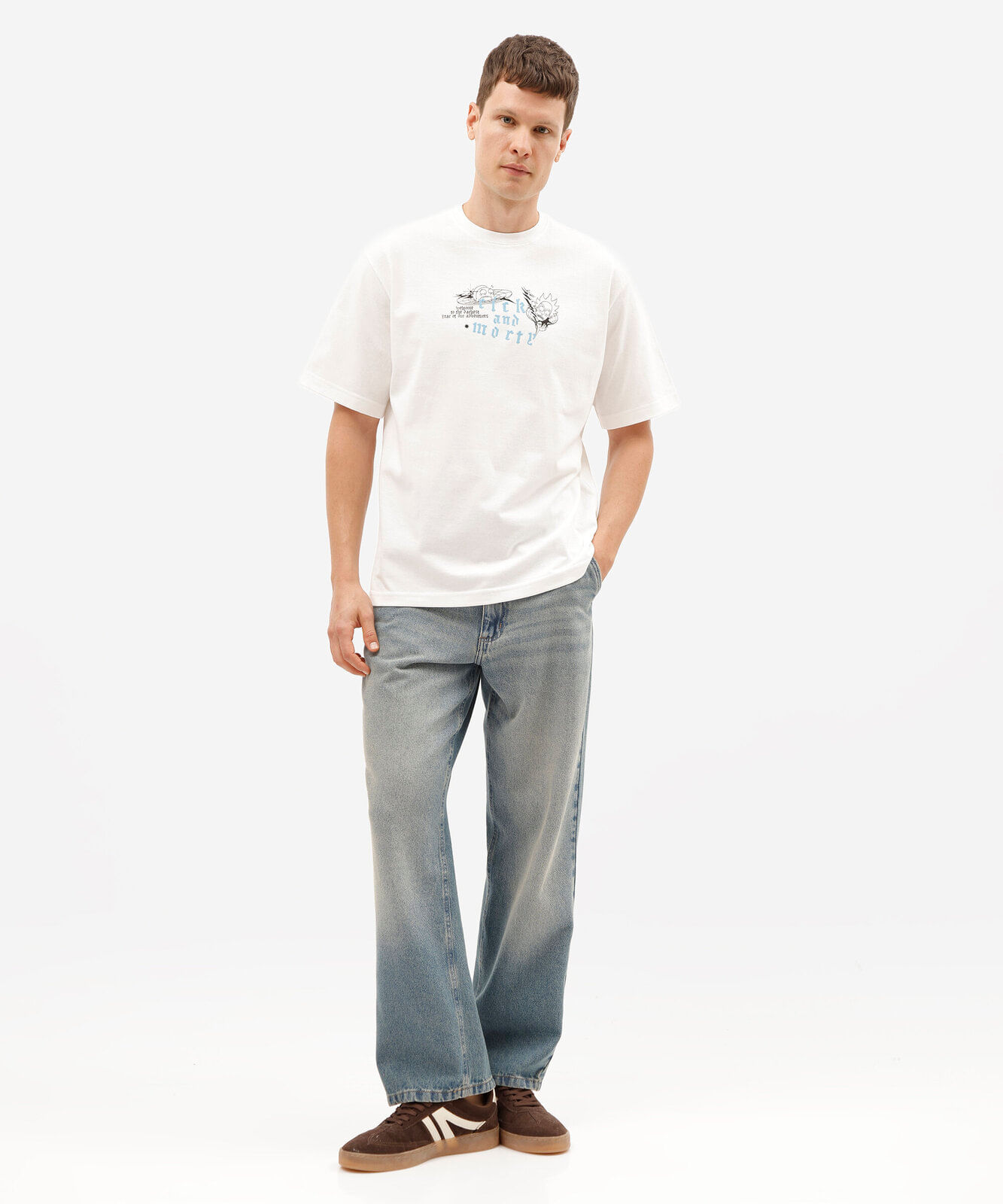 camiseta masculina de algodão manga curta rick and morty off white
