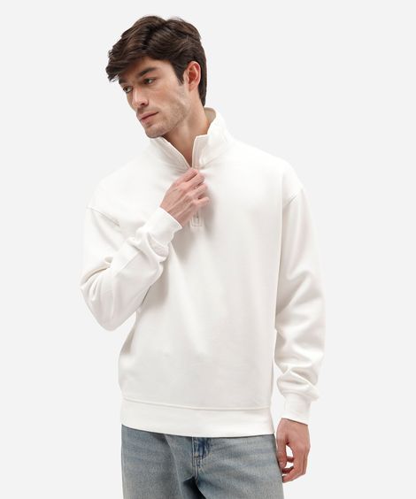 moletom masculino relaxed com gola esporte e zíper frontal off white