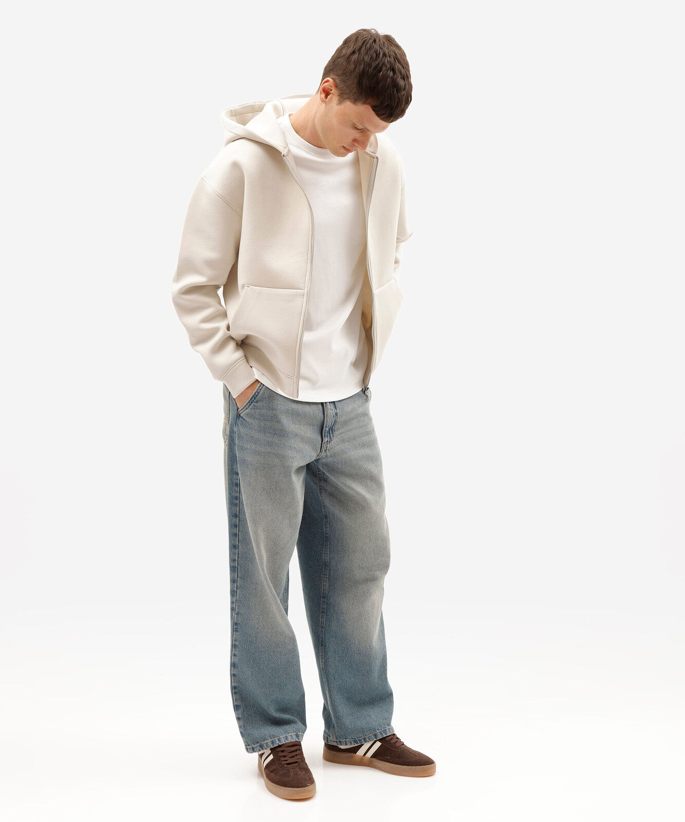 blusão masculino de moletom com zíper e capuz off white