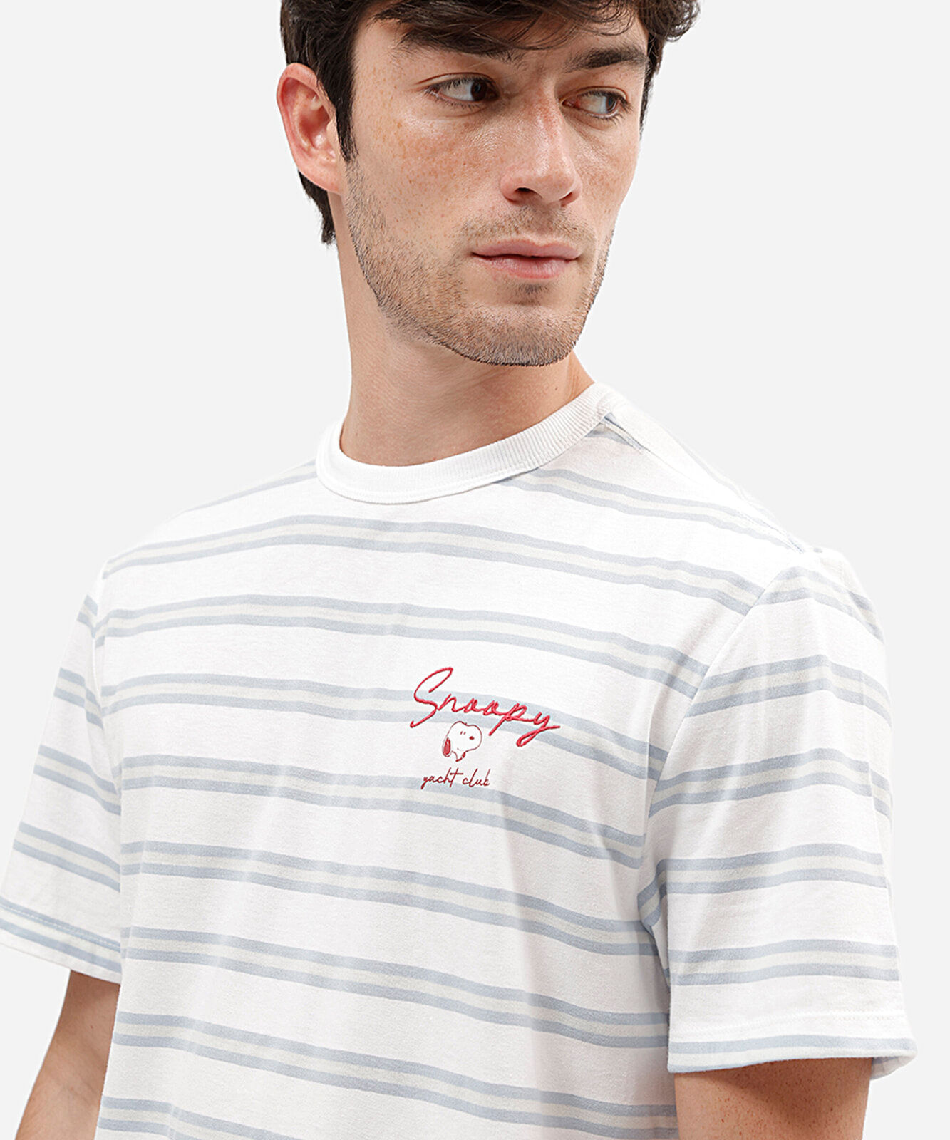 camiseta masculina com algodão snoopy listrada off white