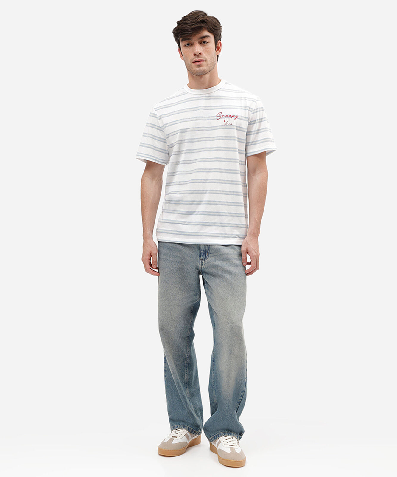 camiseta masculina com algodão snoopy listrada off white