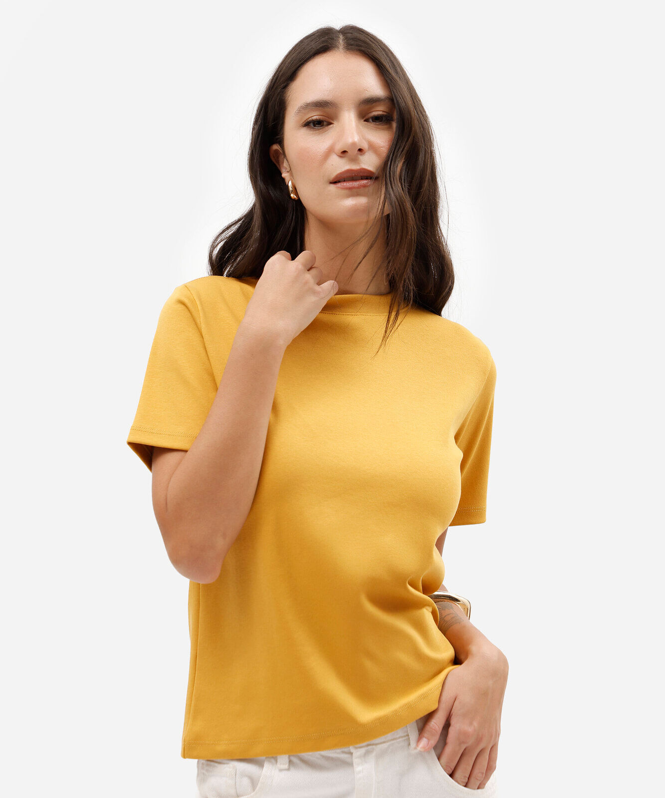 camiseta básica feminina de algodão peruano amarela