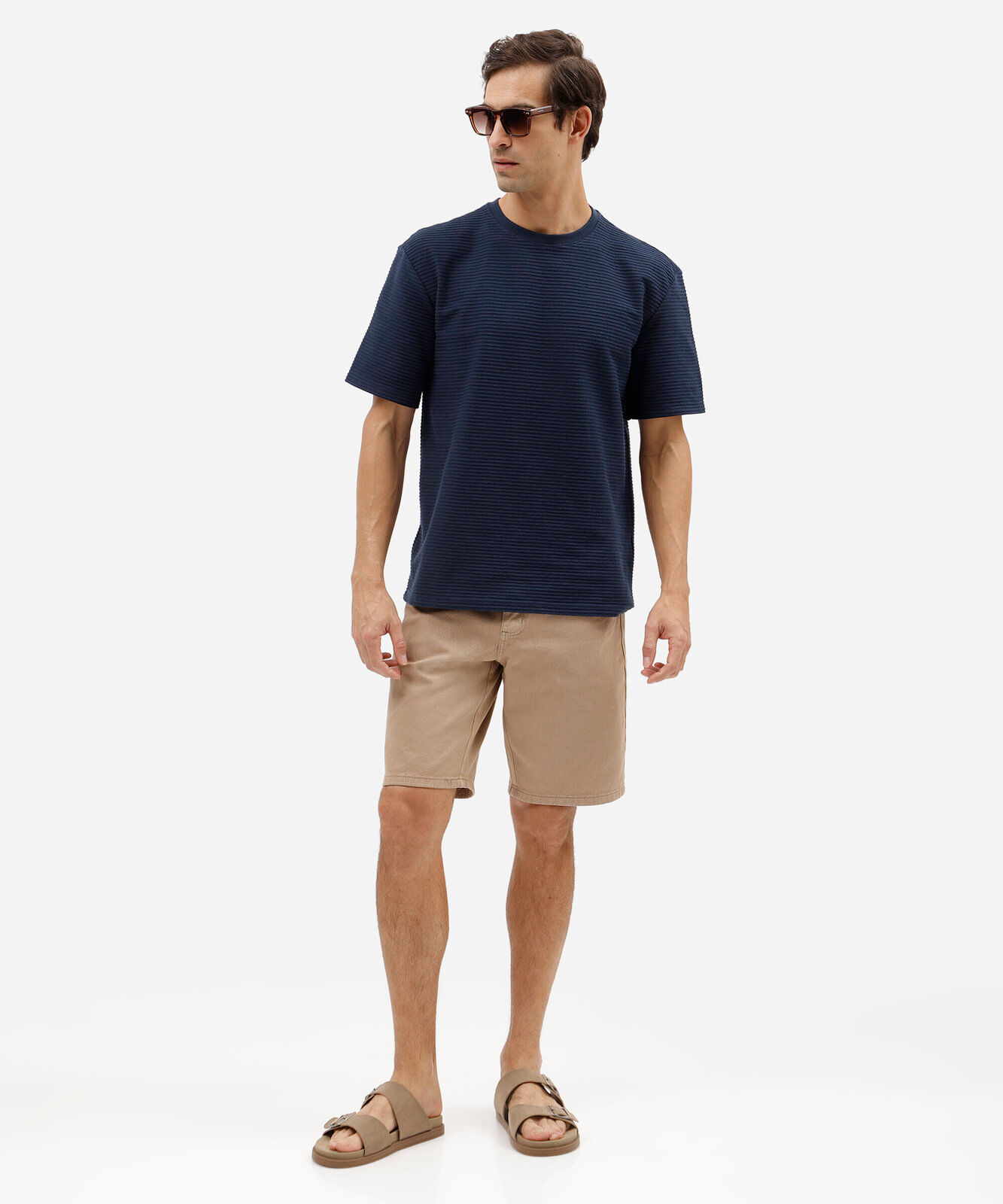 camiseta masculina relaxed de moletom sem felpa com fendas laterais azul