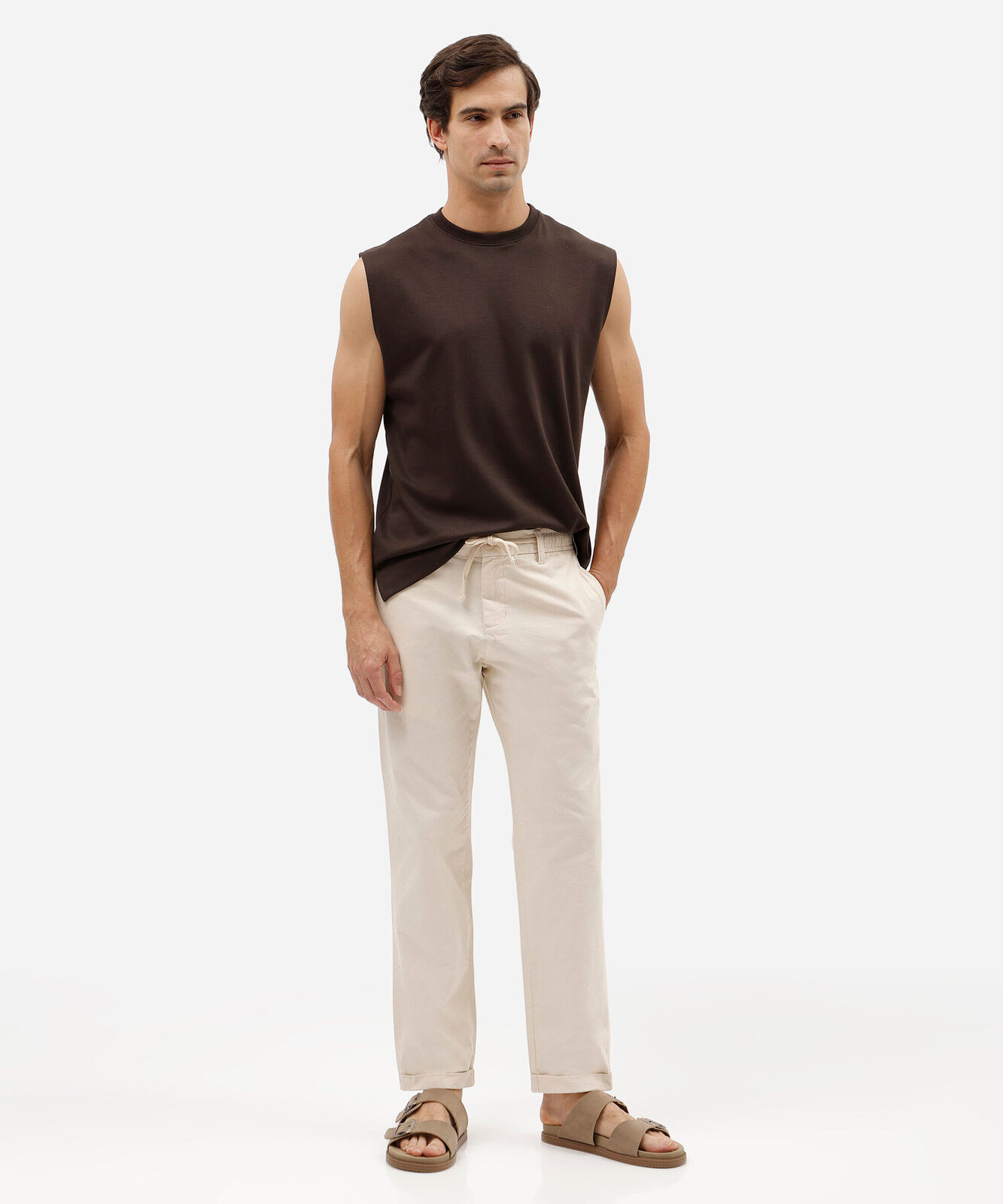 calça reta masculina de sarja cós elástico bege