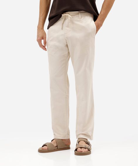 calça reta masculina de sarja cós elástico bege