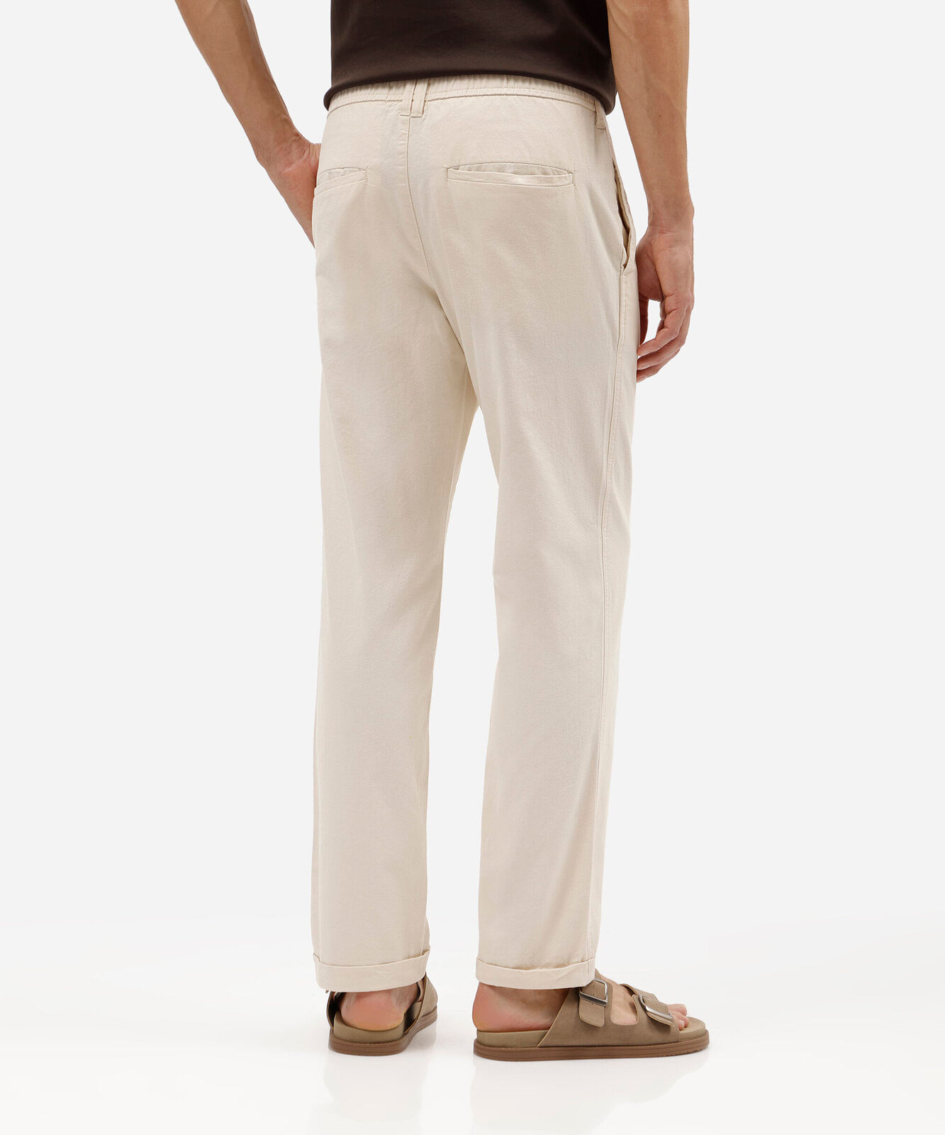 calça reta masculina de sarja cós elástico bege