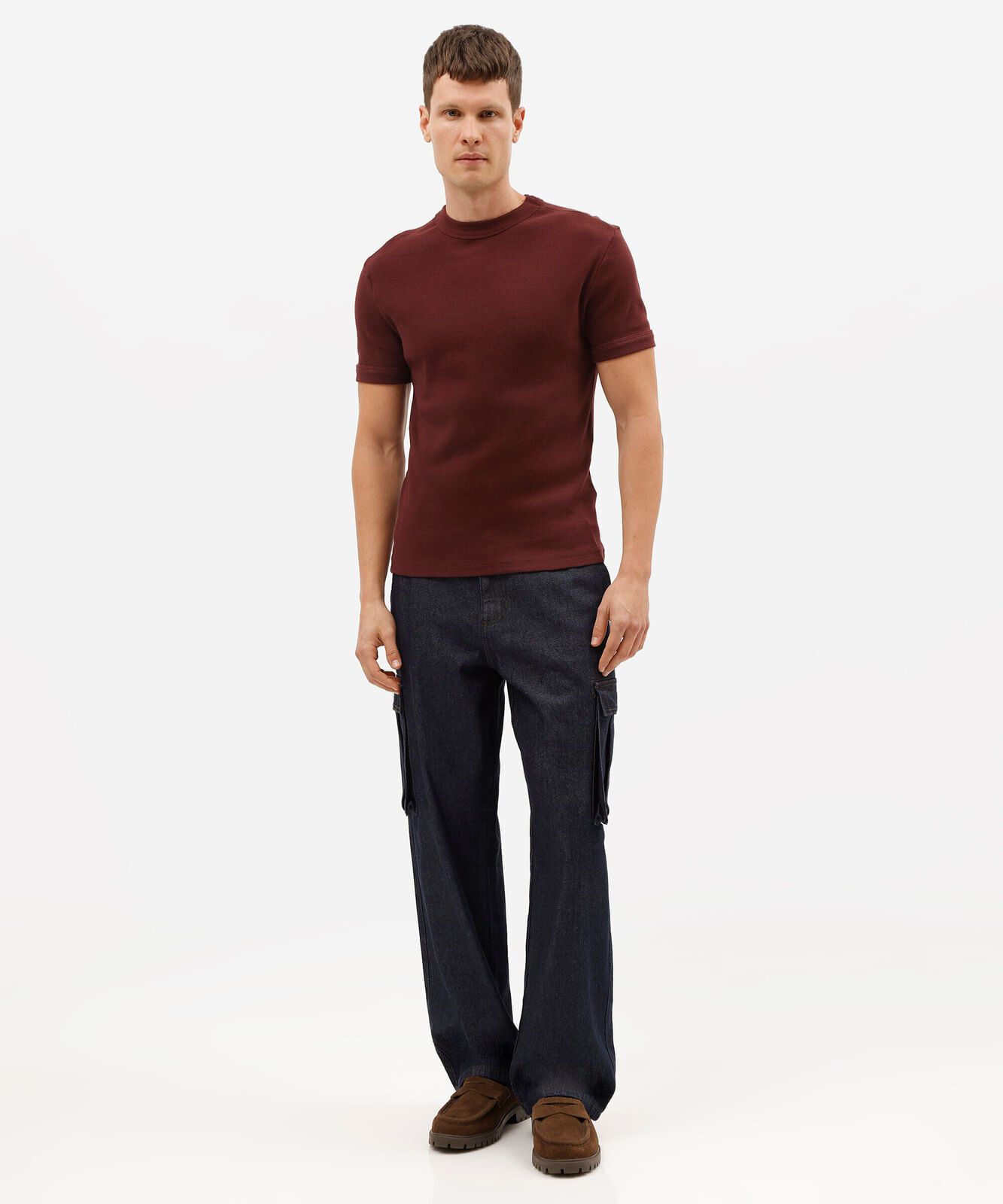 camiseta masculina slim de malha ribana vinho
