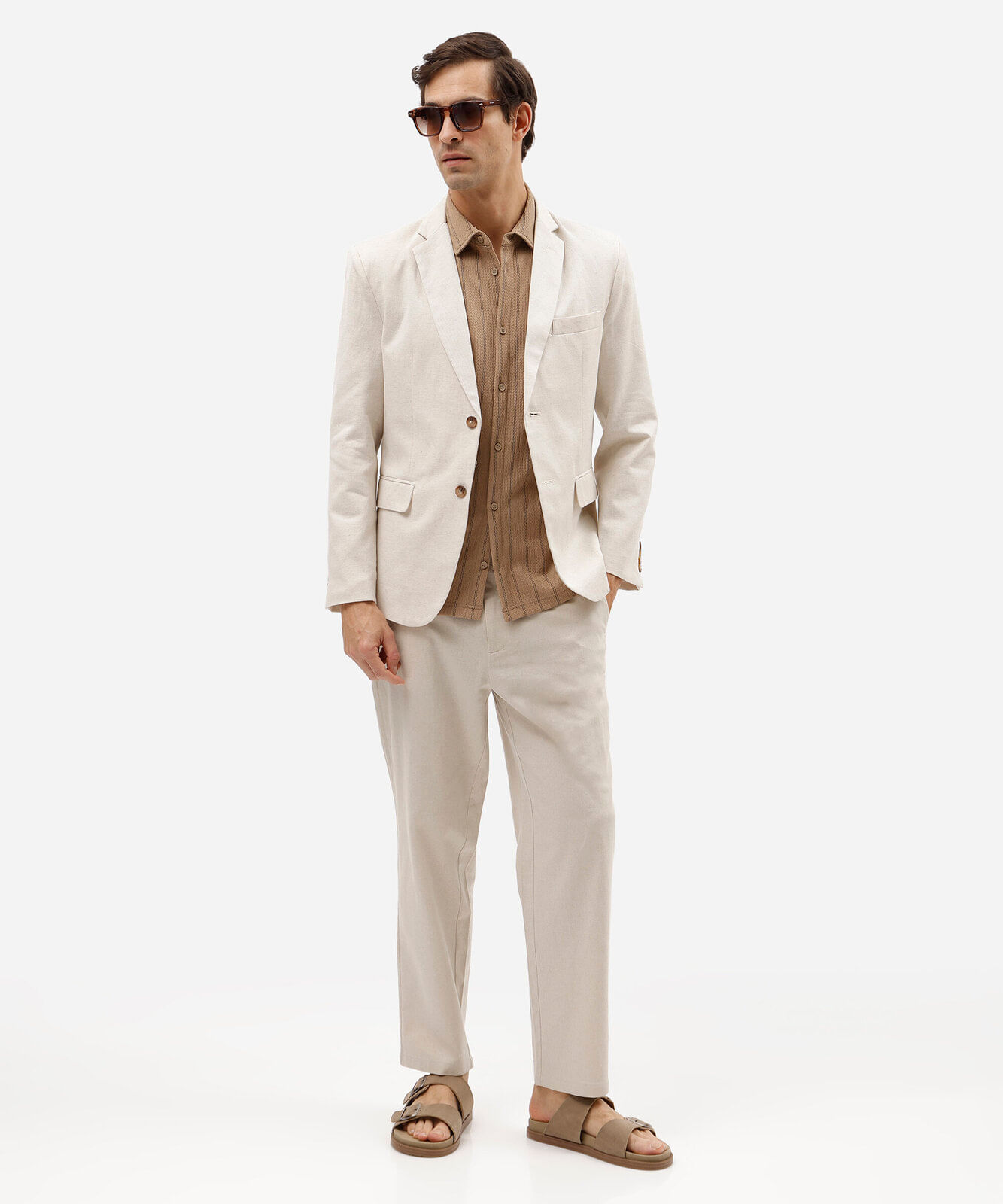blazer slim de alfaiataria masculino com linho bege