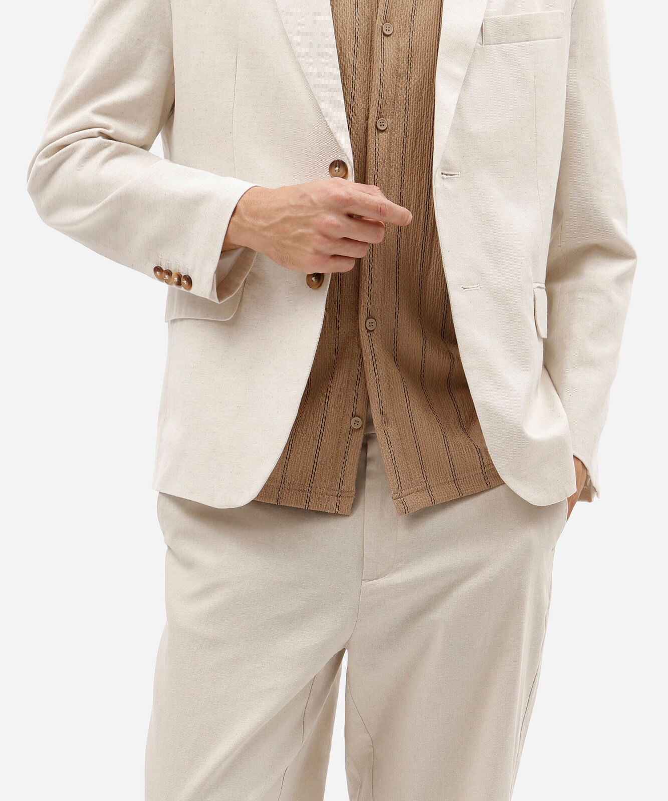 blazer slim de alfaiataria masculino com linho bege