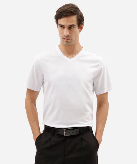 camiseta básica masculina comfort de algodão com decote v branca