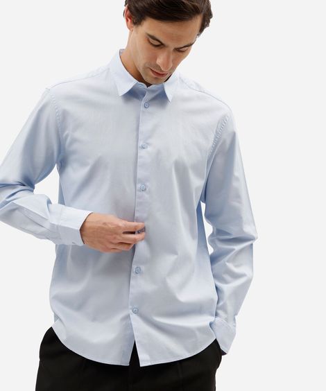 camisa slim de algodão manga longa texturizada azul