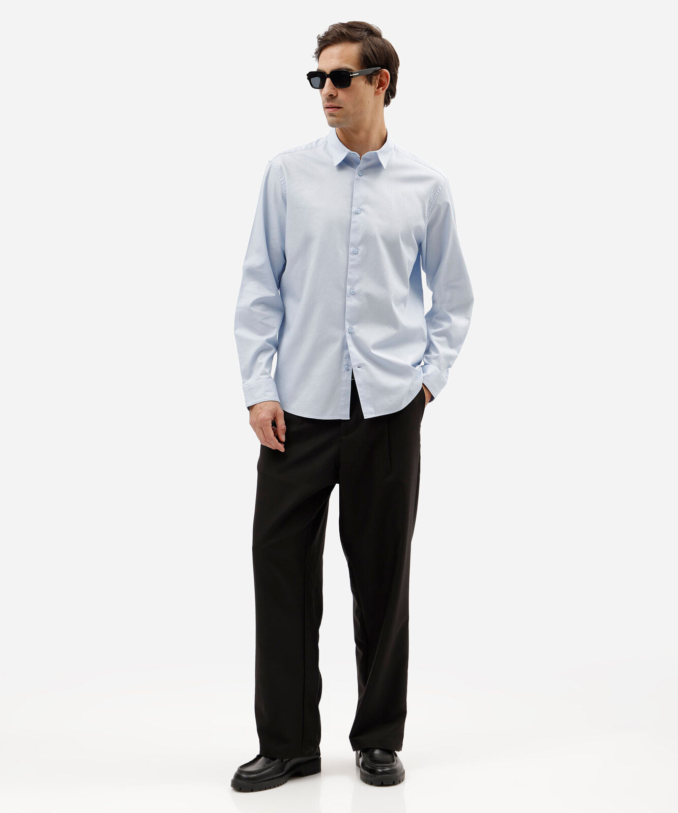 camisa slim de algodão manga longa texturizada azul