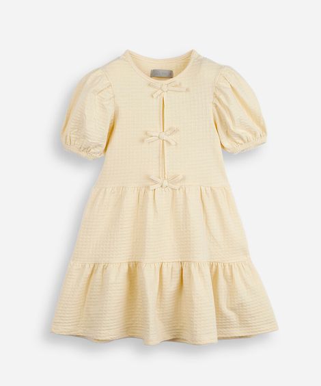 vestido infantil de algodão com recortes e laços manga bufante amarelo