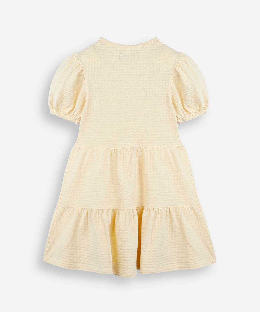 vestido infantil de algodão com recortes e laços manga bufante amarelo