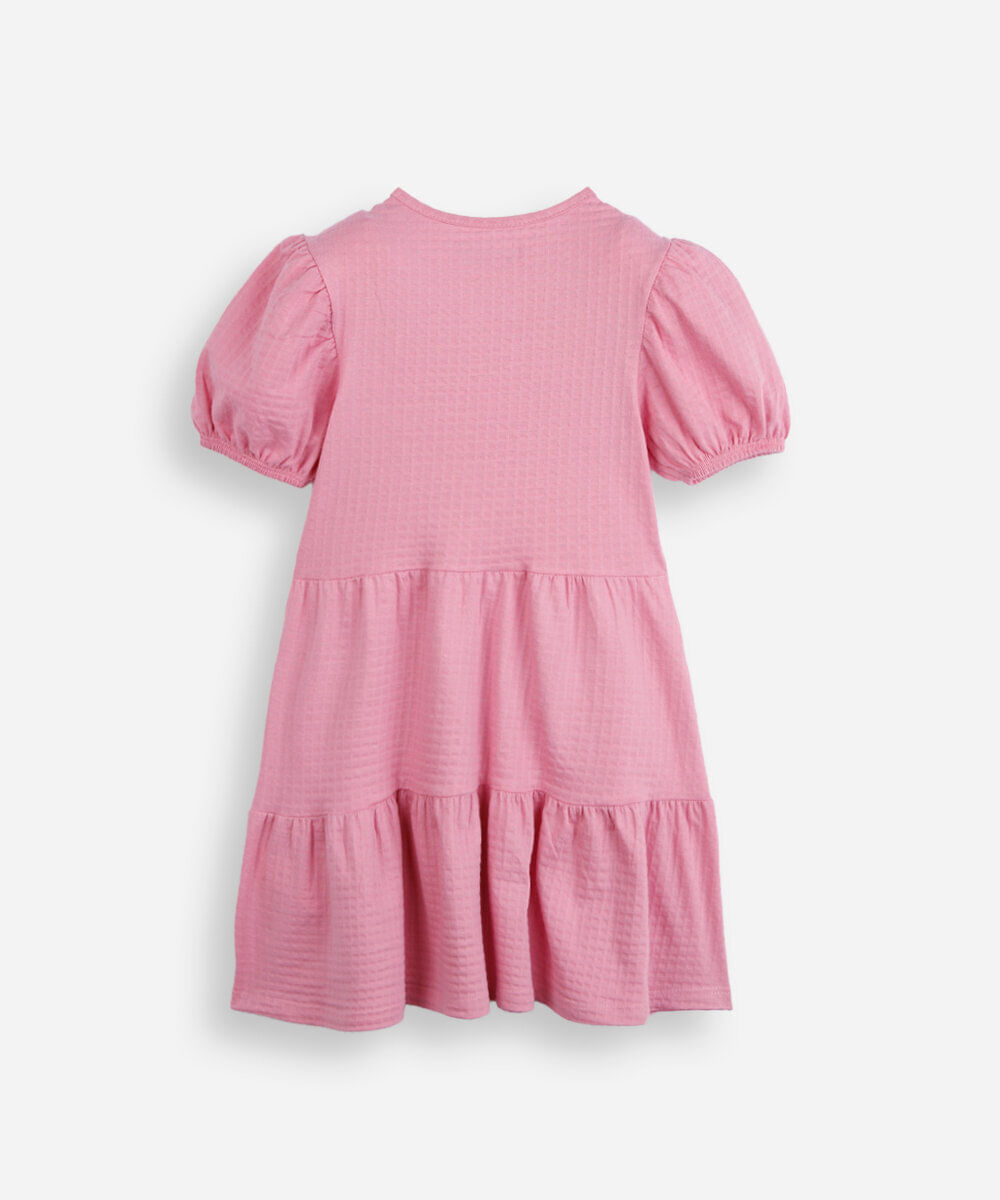 vestido infantil de algodão com recortes e laços manga bufante rosa