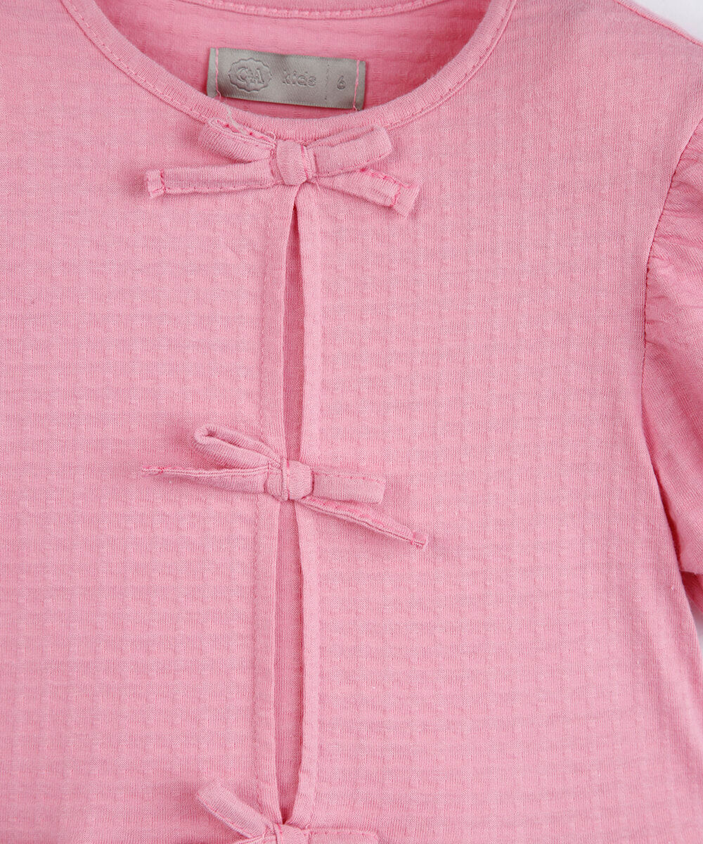 vestido infantil de algodão com recortes e laços manga bufante rosa