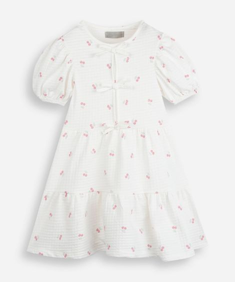 vestido infantil palomino com mangas bufantes em malha anarruga estampado de cereja off white