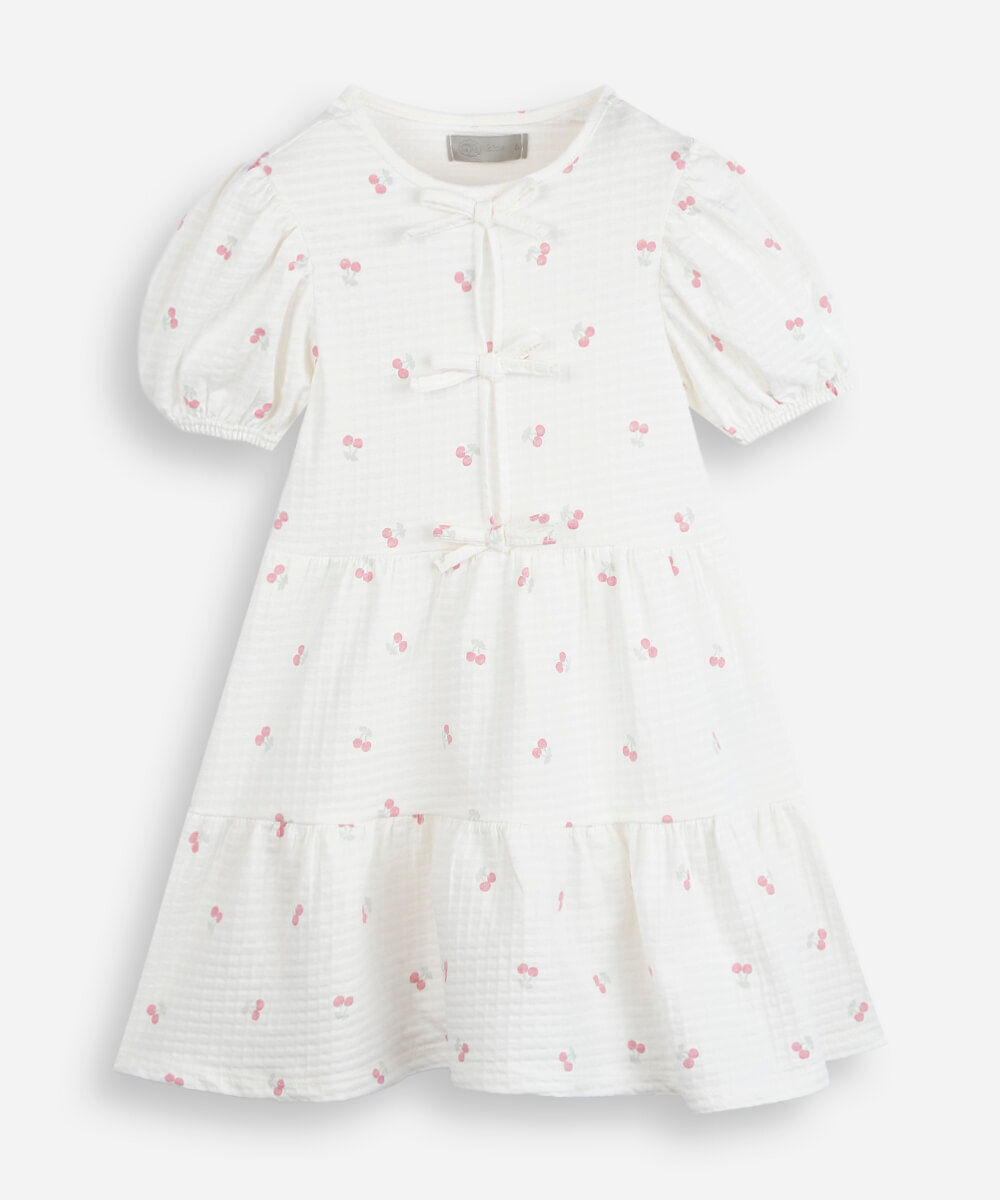 vestido infantil palomino com mangas bufantes em malha anarruga estampado de cereja off white