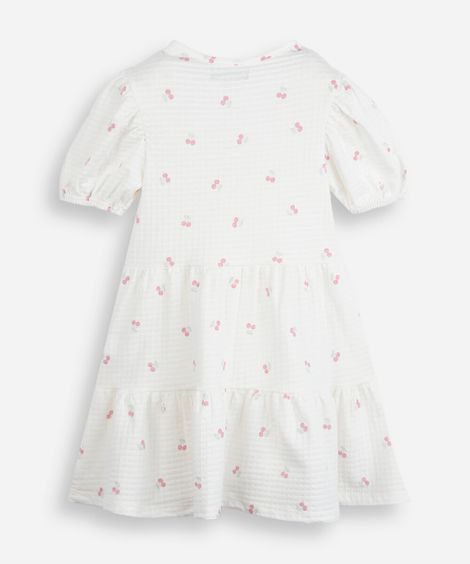 vestido infantil palomino com mangas bufantes em malha anarruga estampado de cereja off white
