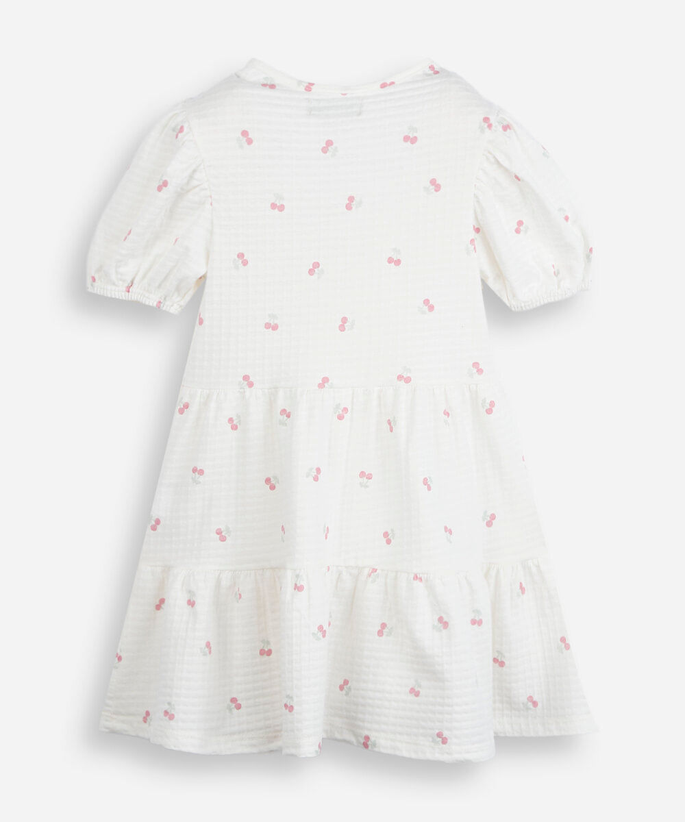 vestido infantil palomino com mangas bufantes em malha anarruga estampado de cereja off white