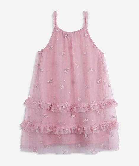 vestido infantil de tule com babado e laços rosa