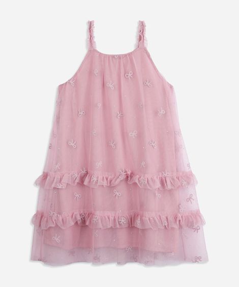 vestido infantil de tule com babado e laços rosa